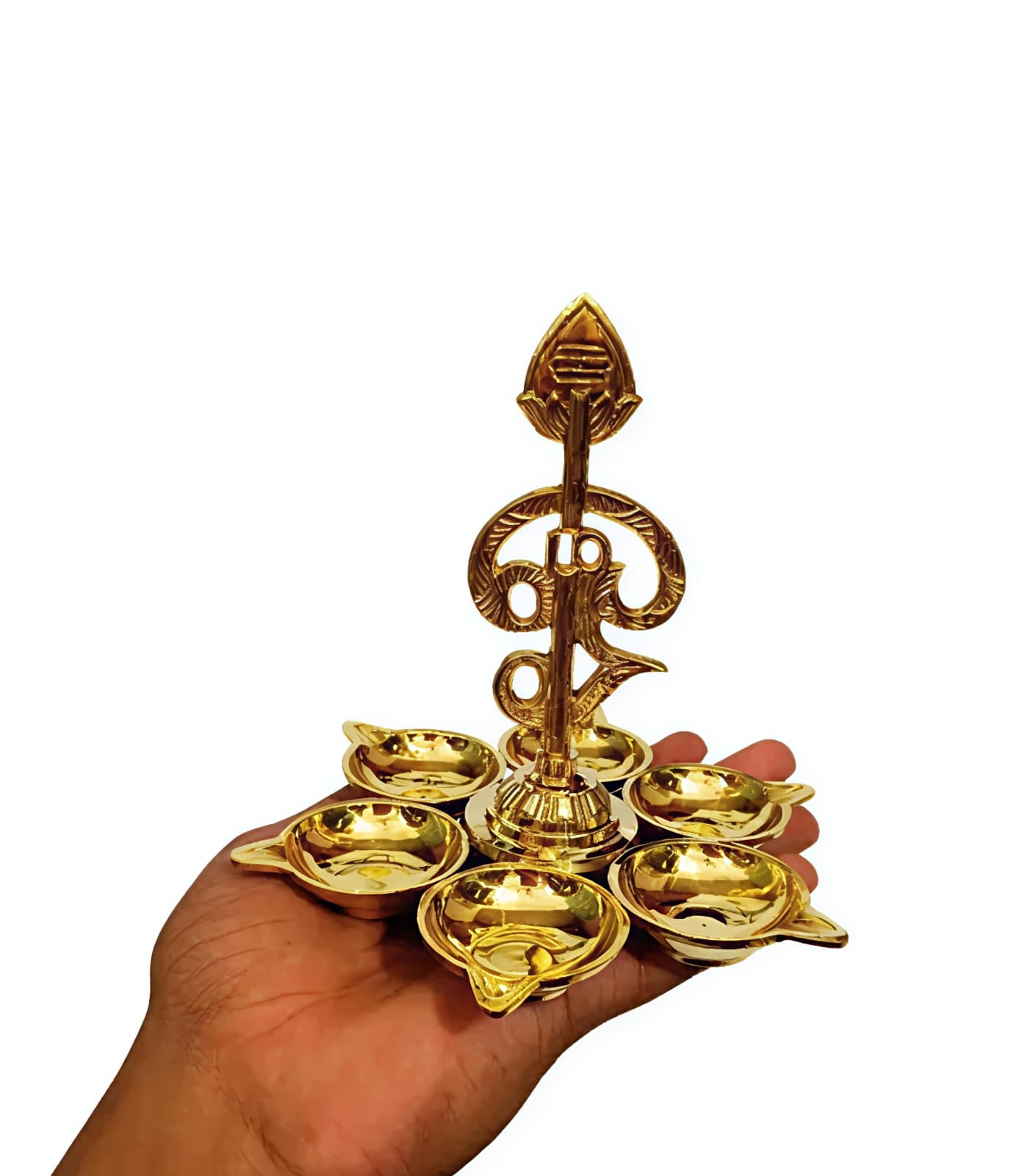 4 Inch Om Arumuga Vilakku (Brass Diya) – Traditional 6-Lamp Murugan Vilakku