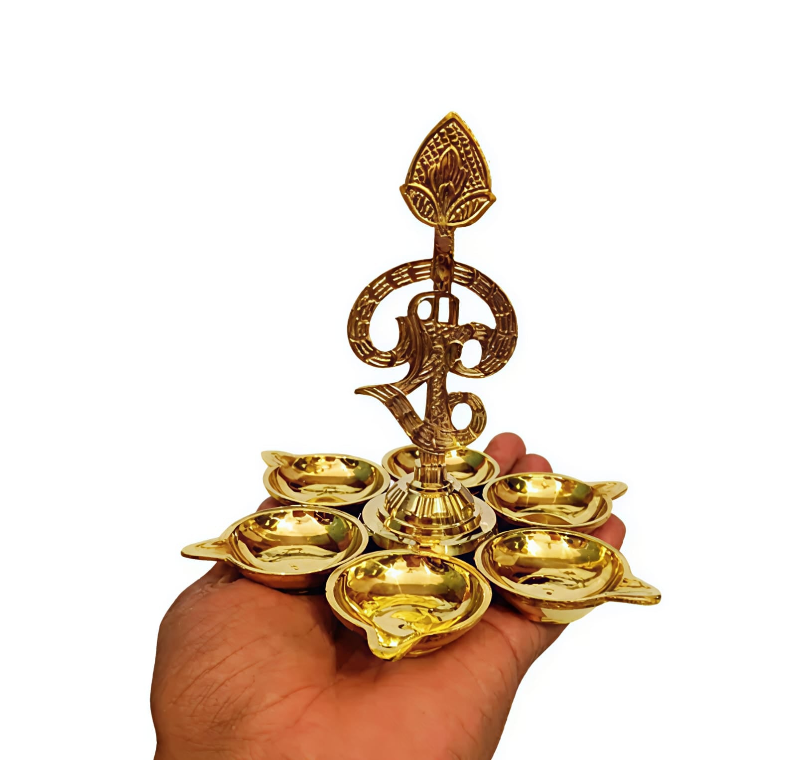 4 Inch Om Arumuga Vilakku (Brass Diya) – Traditional 6-Lamp Murugan Vilakku
