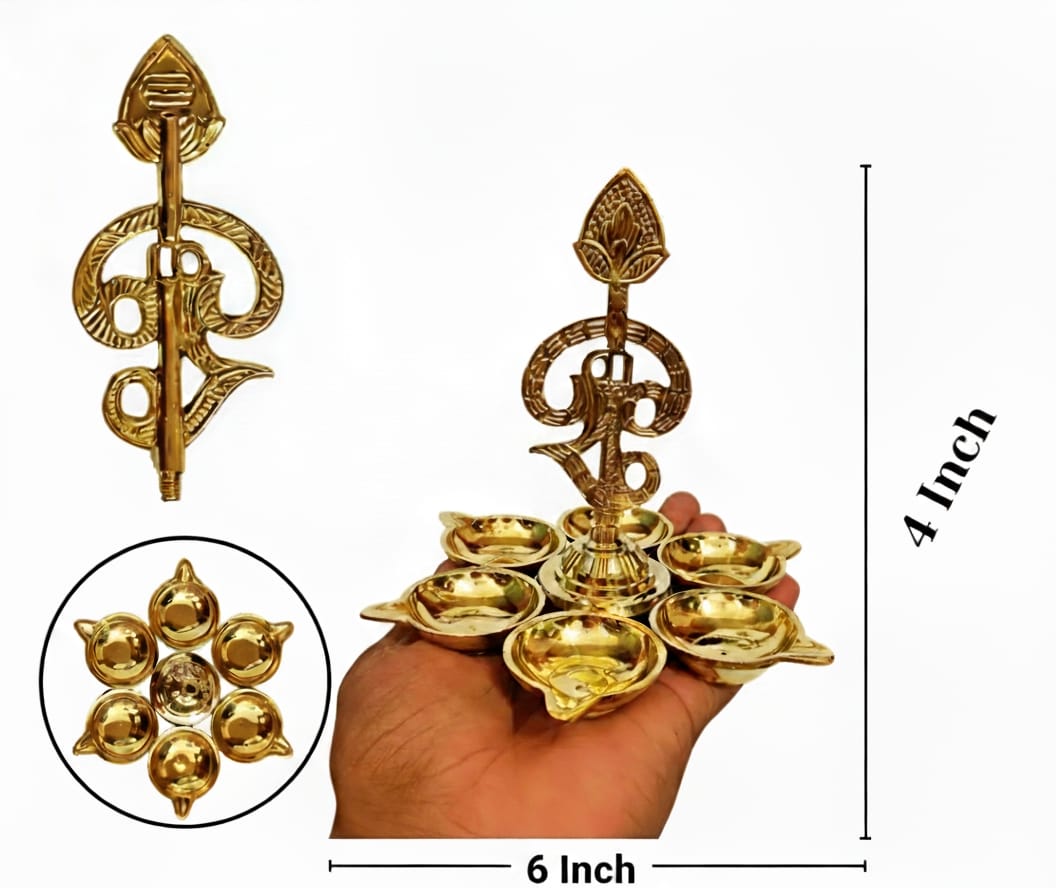4 Inch Om Arumuga Vilakku (Brass Diya) – Traditional 6-Lamp Murugan Vilakku