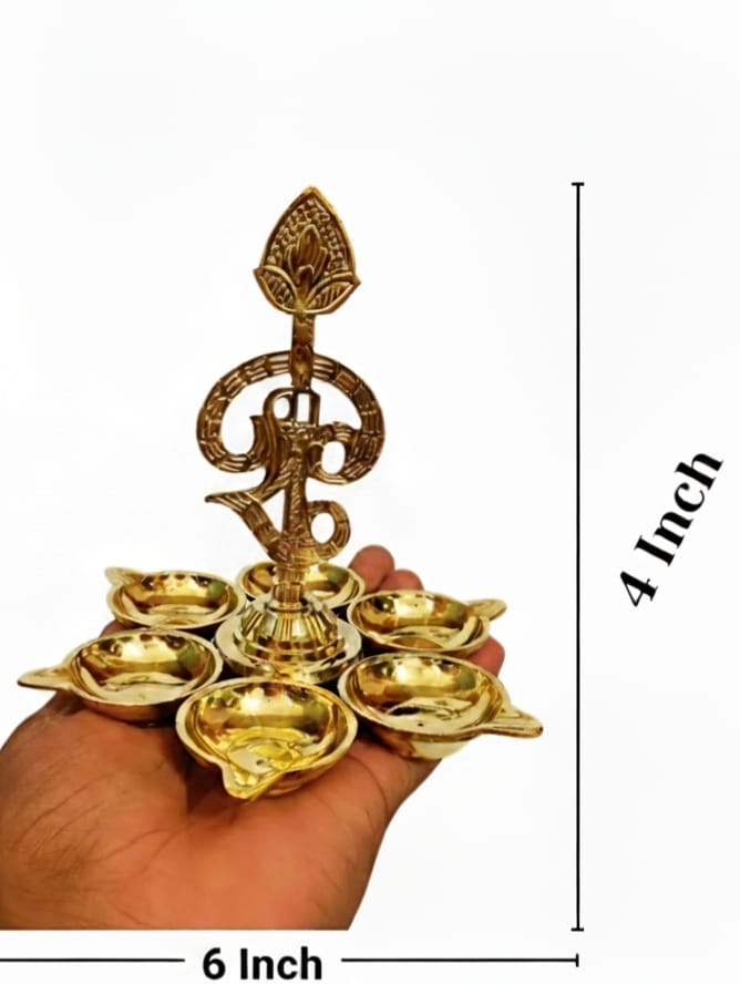 4 Inch Om Arumuga Vilakku (Brass Diya) – Traditional 6-Lamp Murugan Vilakku